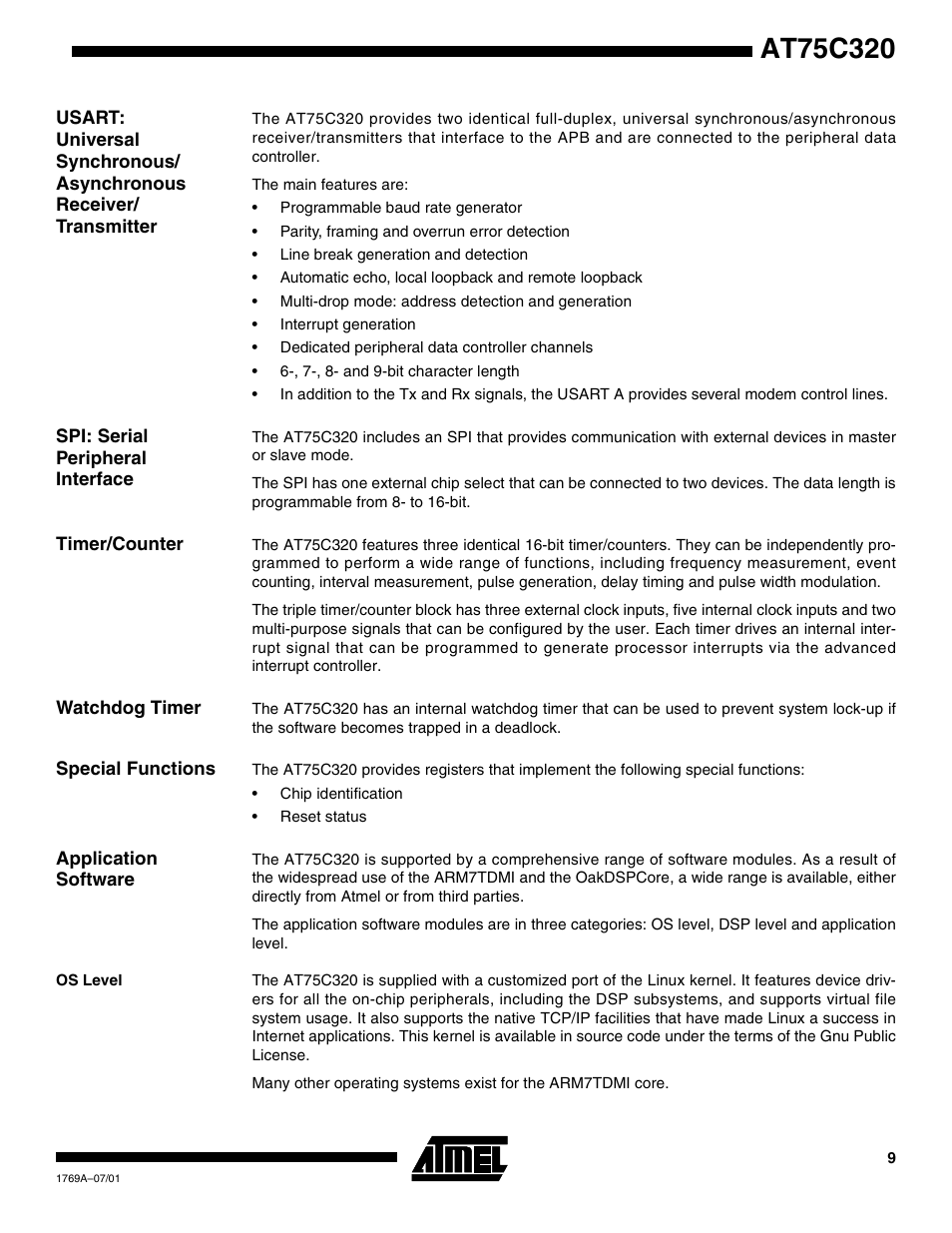 Spi: serial peripheral interface, Timer/counter, Watchdog timer | Special functions, Application software, Os level | Rainbow Electronics AT75C320 User Manual | Page 9 / 13