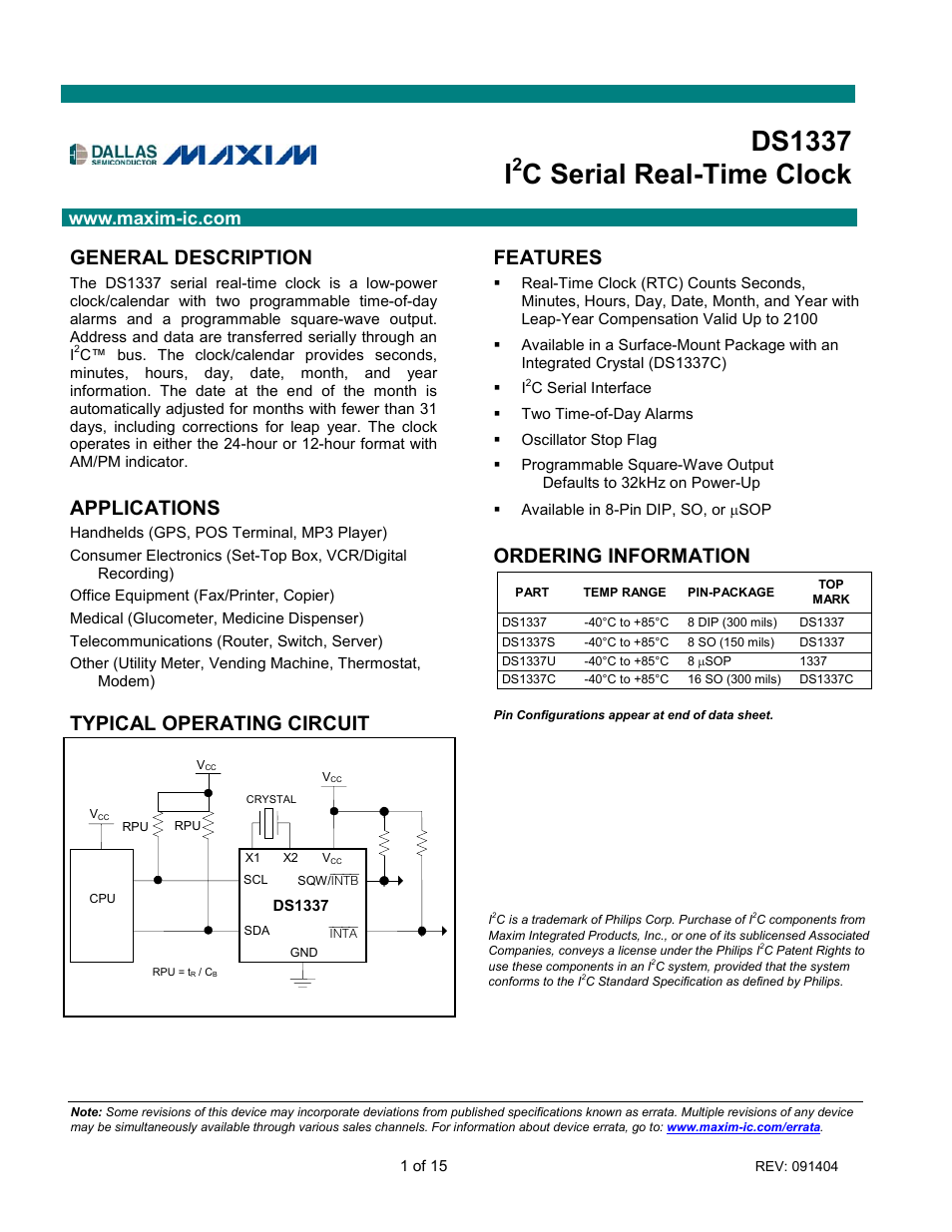 Rainbow Electronics DS1337 User Manual | 15 pages