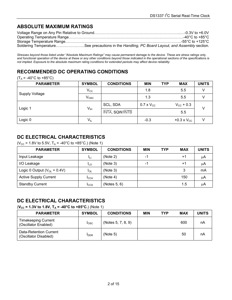 Absolute maximum ratings, Recommended dc operating conditions, Dc electrical characteristics | Rainbow Electronics DS1337 User Manual | Page 2 / 15