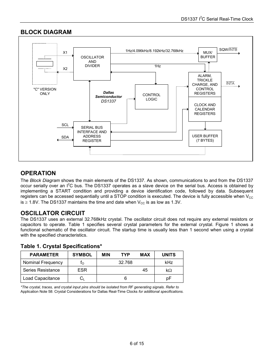 Block diagram, Operation, Oscillator circuit | Rainbow Electronics DS1337 User Manual | Page 6 / 15