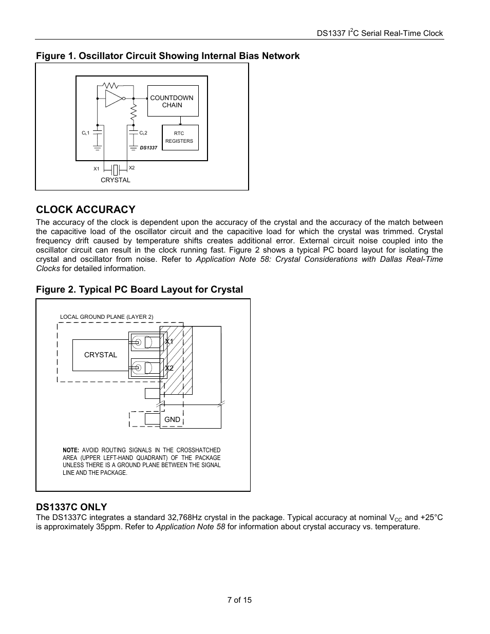 Clock accuracy, Figure 2. typical pc board layout for crystal, Ds1337c only | Rainbow Electronics DS1337 User Manual | Page 7 / 15