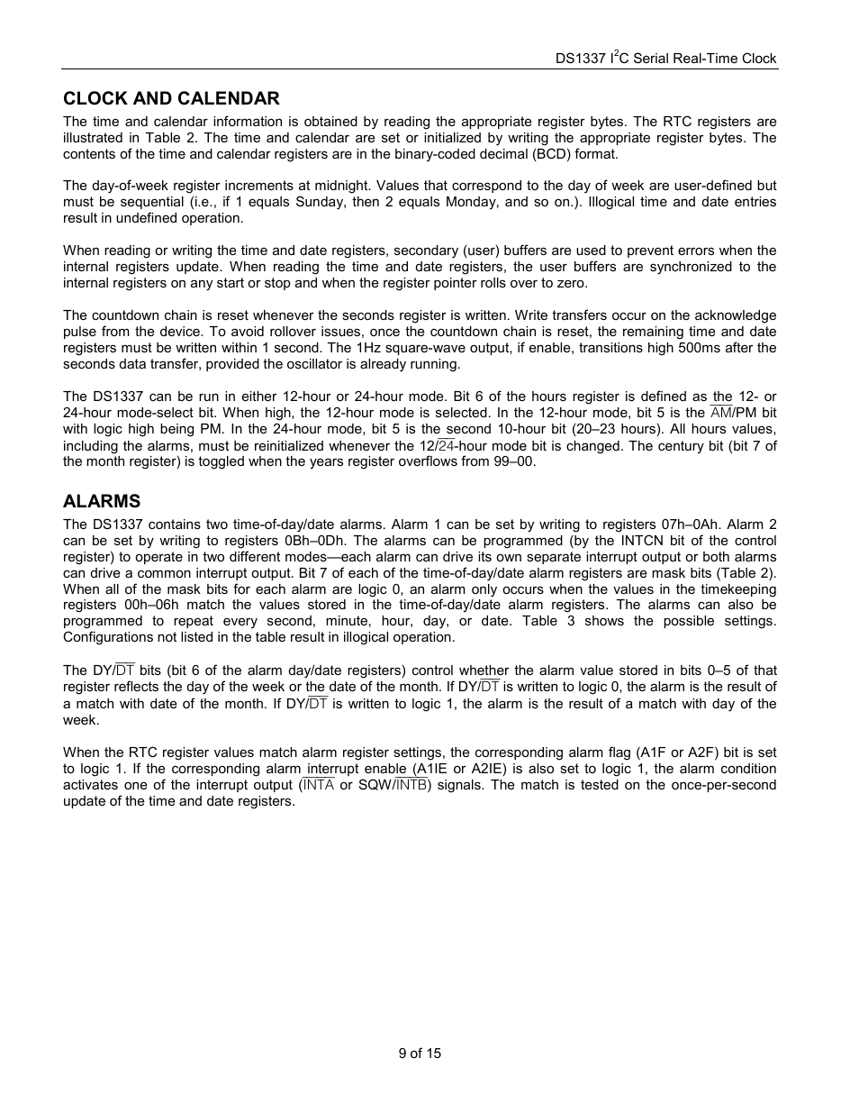 Clock and calendar, Alarms | Rainbow Electronics DS1337 User Manual | Page 9 / 15