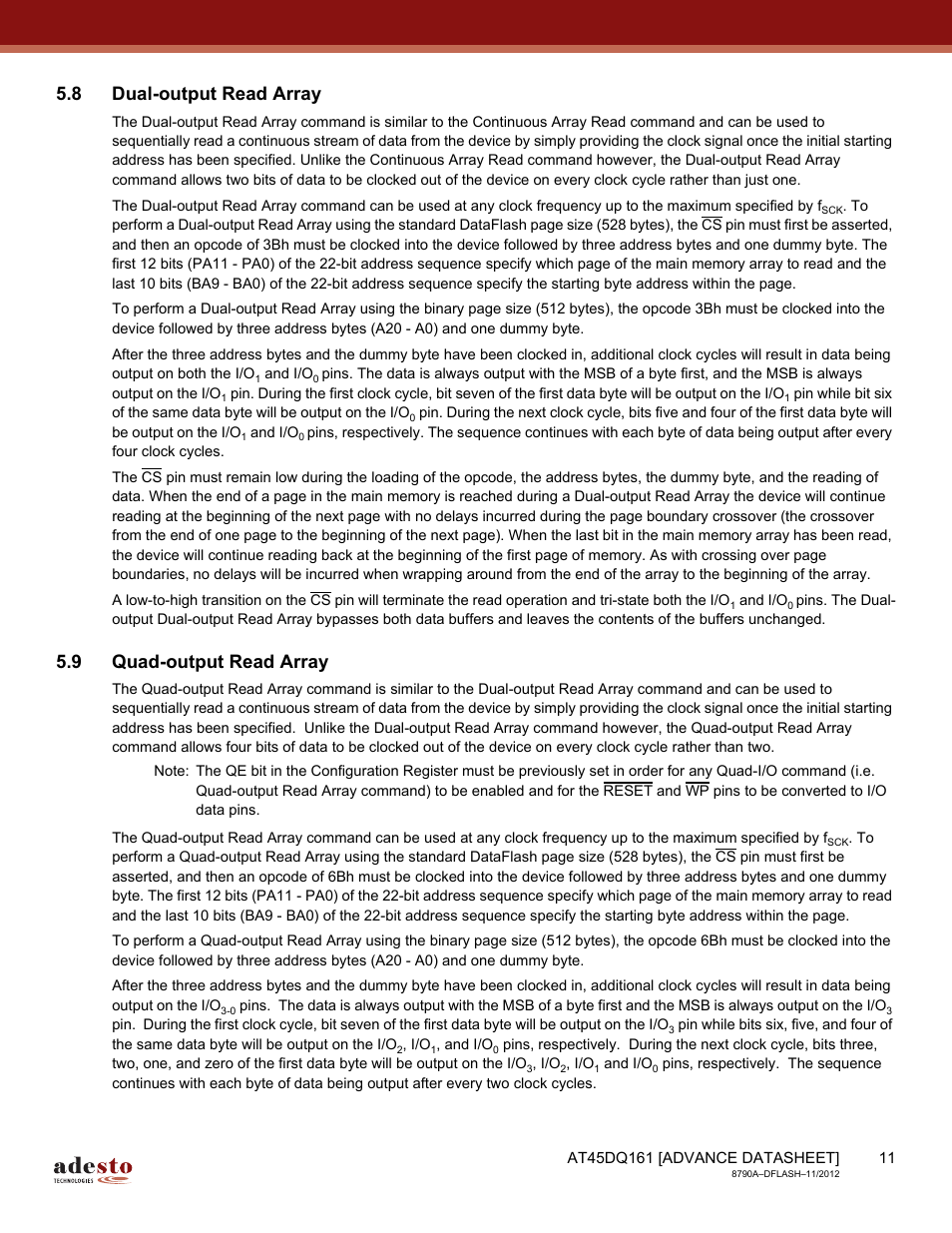 8 dual-output read array, 9 quad-output read array | Rainbow Electronics AT45DQ161 User Manual | Page 11 / 81