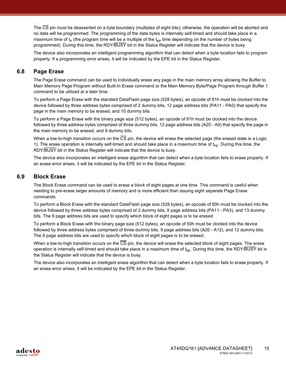 9 block erase, 8 page erase | Rainbow Electronics AT45DQ161 User Manual | Page 15 / 81