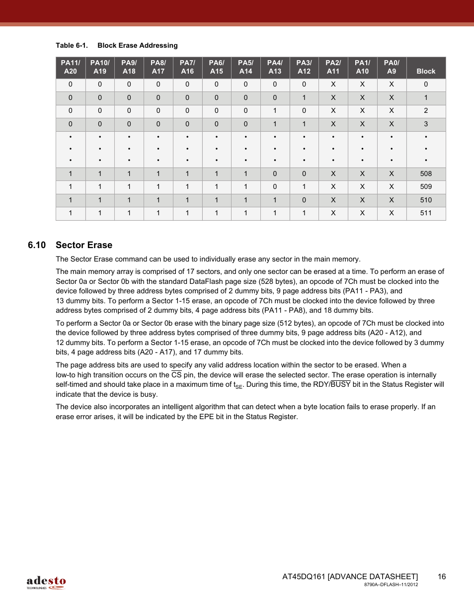 10 sector erase | Rainbow Electronics AT45DQ161 User Manual | Page 16 / 81