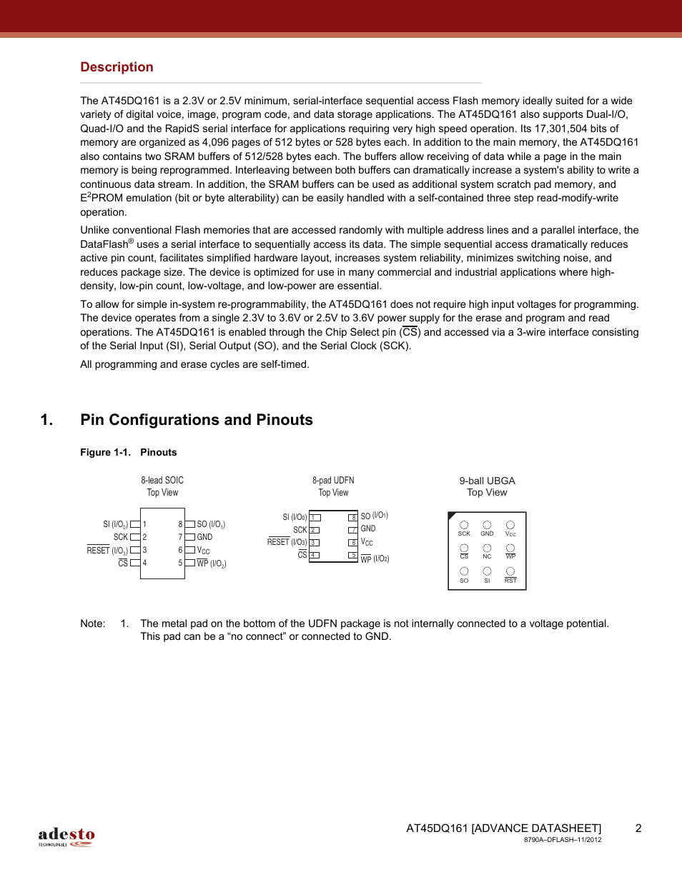 Description, Pin configurations and pinouts | Rainbow Electronics AT45DQ161 User Manual | Page 2 / 81