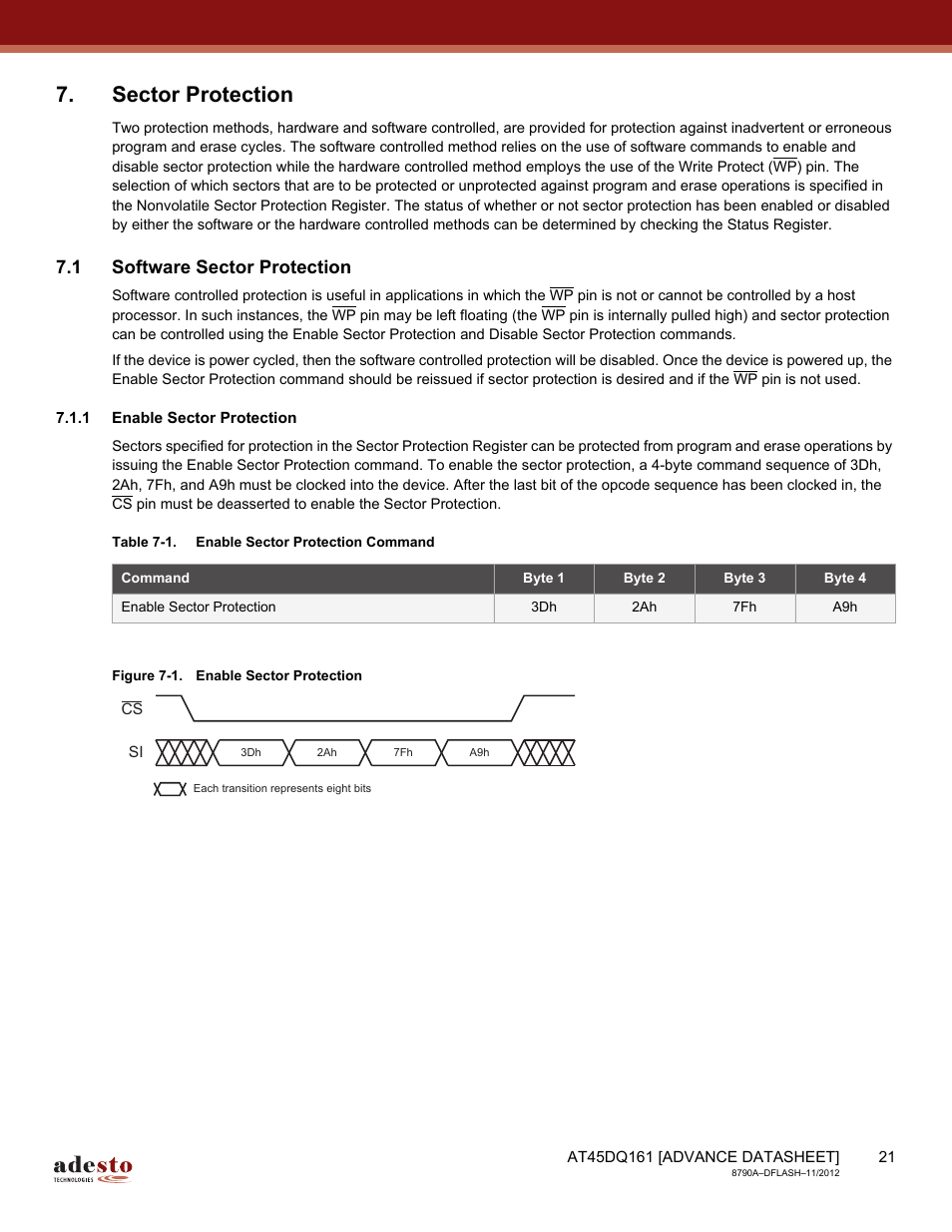 Sector protection, 1 software sector protection, 1 enable sector protection | Rainbow Electronics AT45DQ161 User Manual | Page 21 / 81