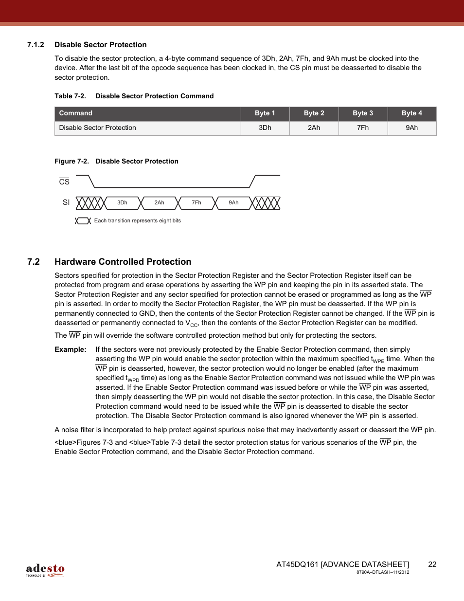 2 disable sector protection, 2 hardware controlled protection | Rainbow Electronics AT45DQ161 User Manual | Page 22 / 81