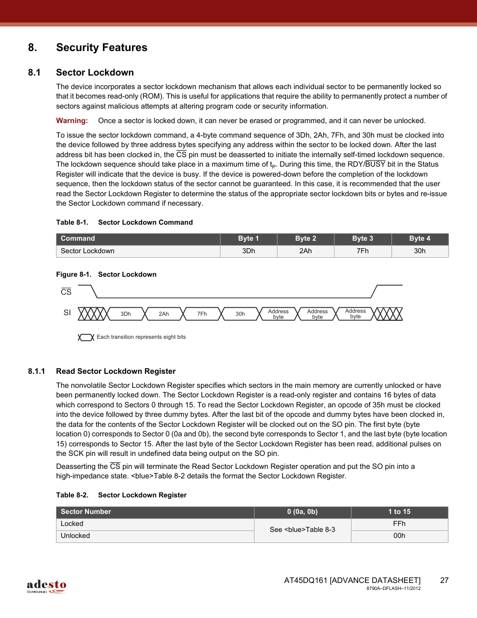 Security features, 1 sector lockdown, 1 read sector lockdown register | Rainbow Electronics AT45DQ161 User Manual | Page 27 / 81