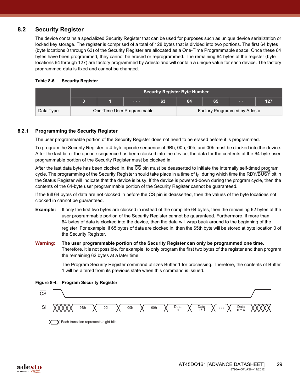 2 security register, 1 programming the security register | Rainbow Electronics AT45DQ161 User Manual | Page 29 / 81