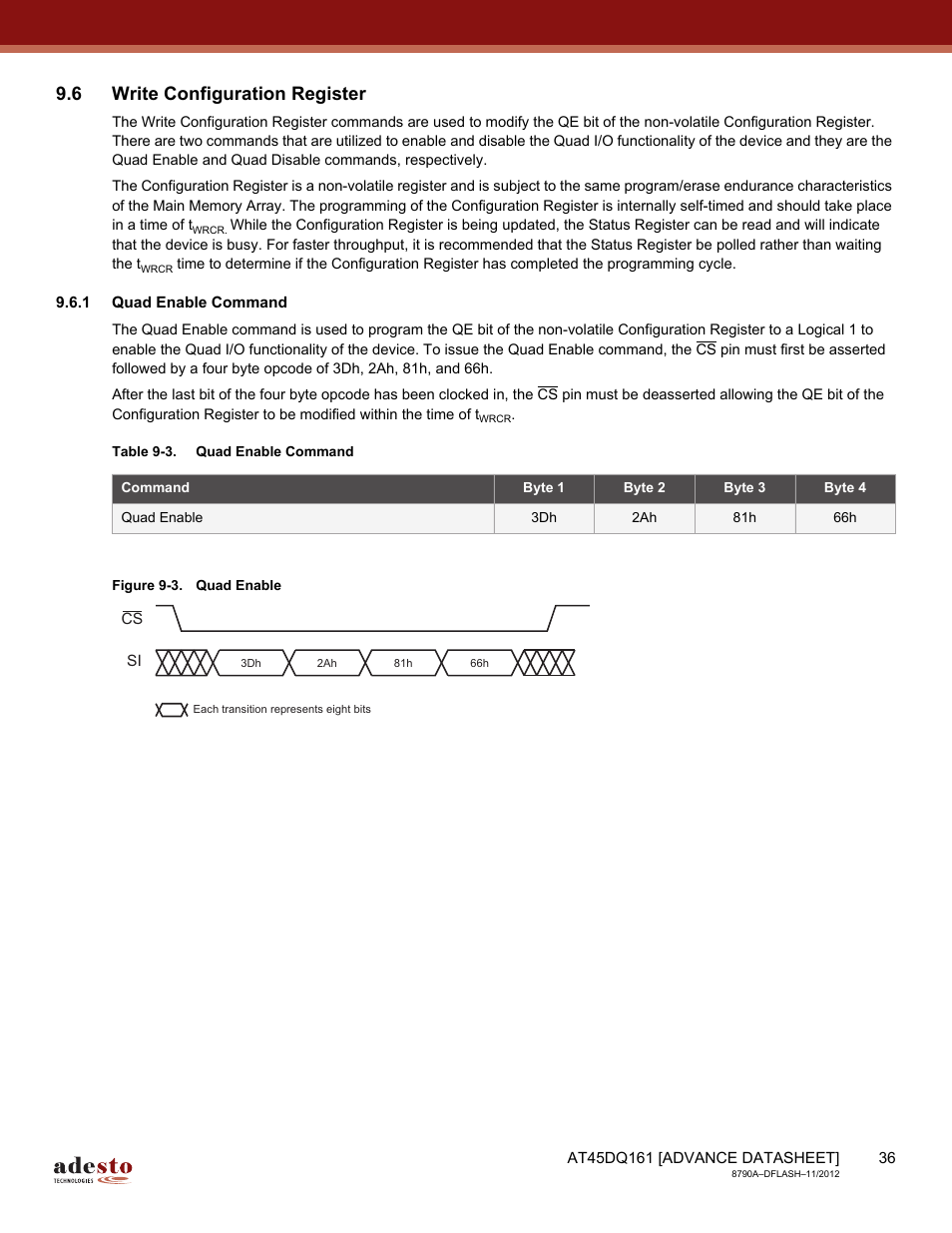 6 write configuration register, 1 quad enable command | Rainbow Electronics AT45DQ161 User Manual | Page 36 / 81