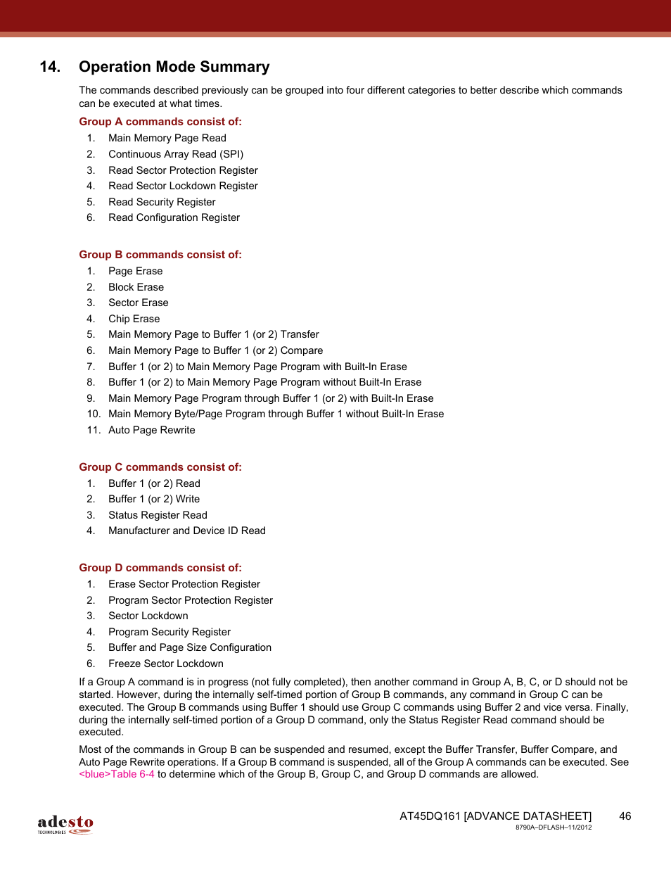 Operation mode summary, Group a commands consist of, Group b commands consist of | Group c commands consist of, Group d commands consist of | Rainbow Electronics AT45DQ161 User Manual | Page 46 / 81