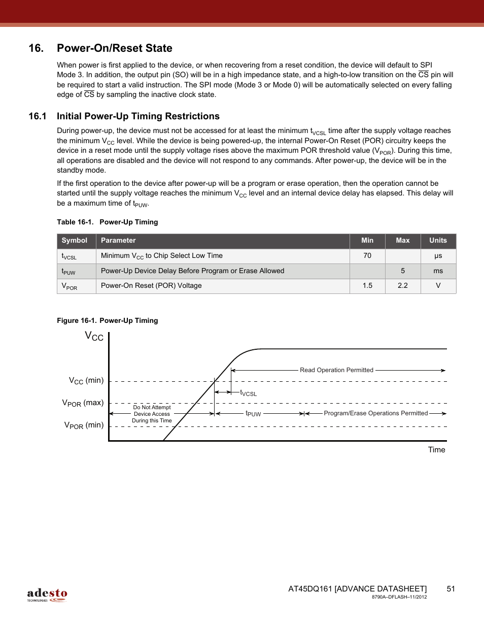 Power-on/reset state, 1 initial power-up timing restrictions | Rainbow Electronics AT45DQ161 User Manual | Page 51 / 81