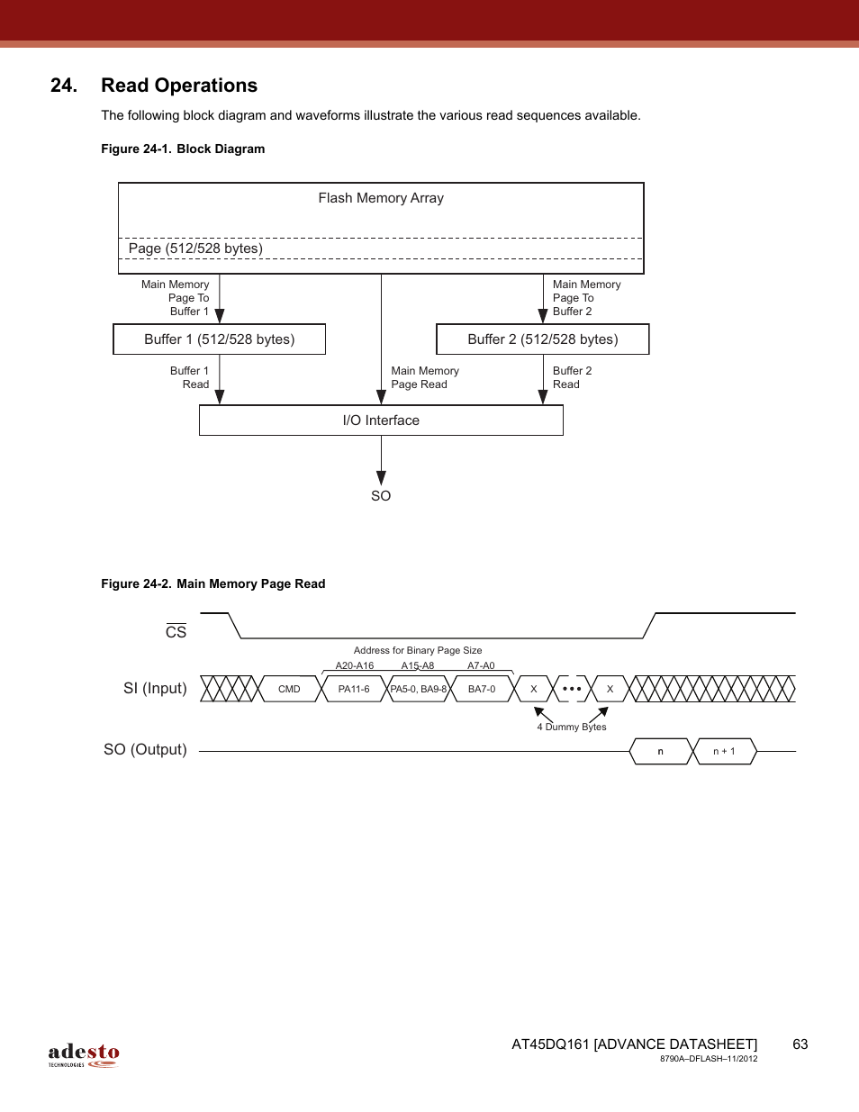 Read operations, Cs si (input) so (output) | Rainbow Electronics AT45DQ161 User Manual | Page 63 / 81