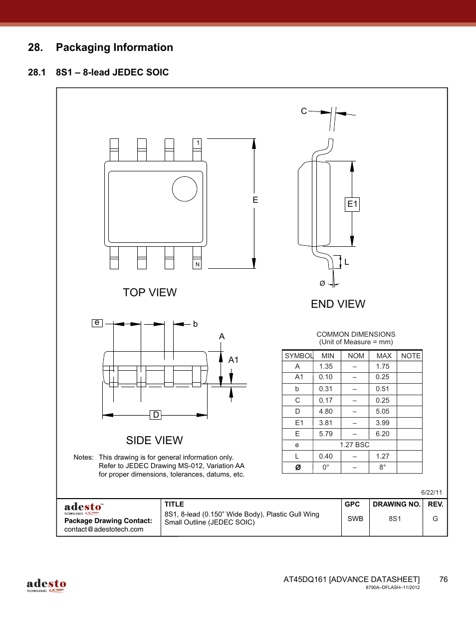 Packaging information, 1 8s1 – 8-lead jedec soic, Top view | End view, Side view | Rainbow Electronics AT45DQ161 User Manual | Page 76 / 81