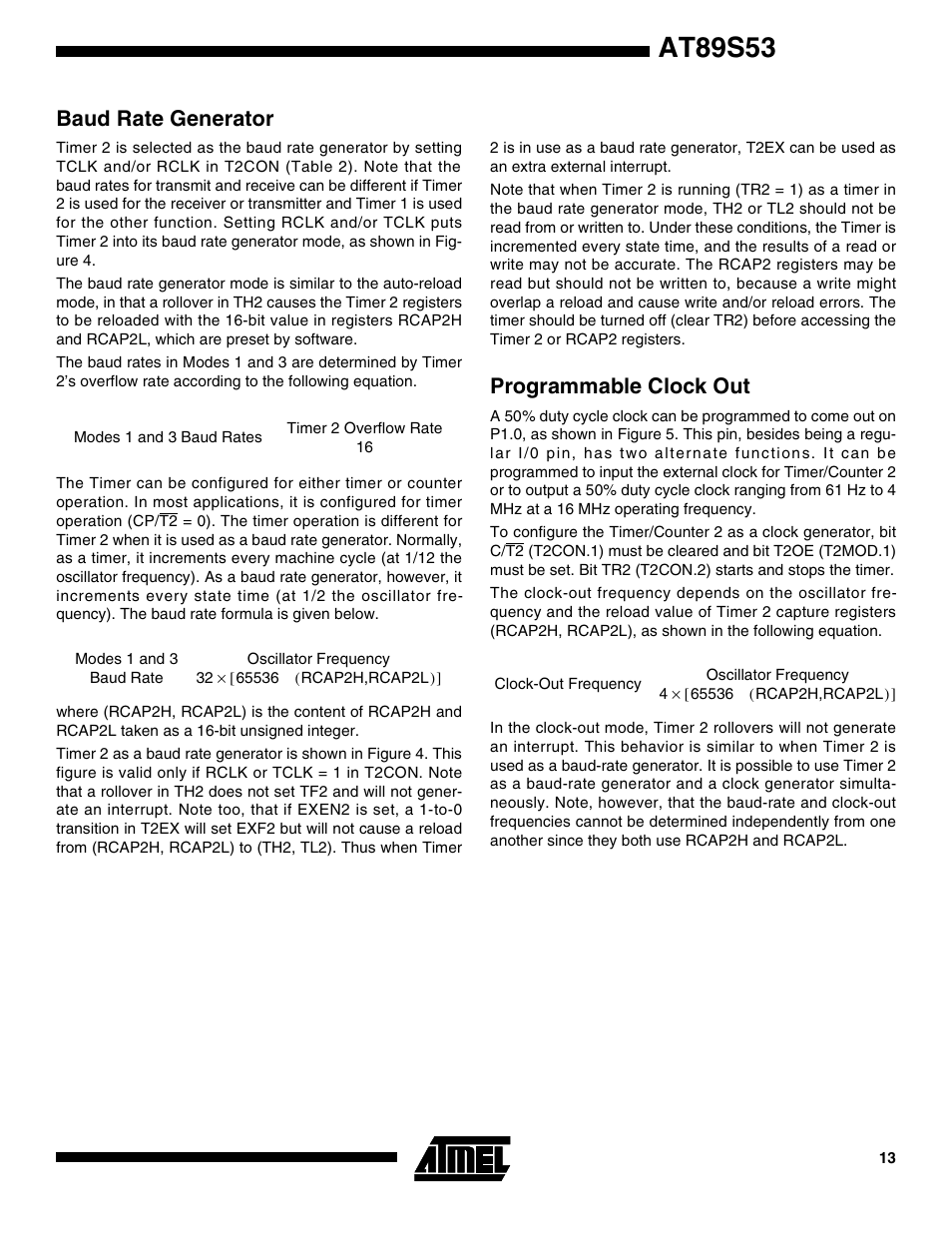 Baud rate generator, Programmable clock out, At89s53 | Rainbow Electronics AT89S53 User Manual | Page 13 / 33