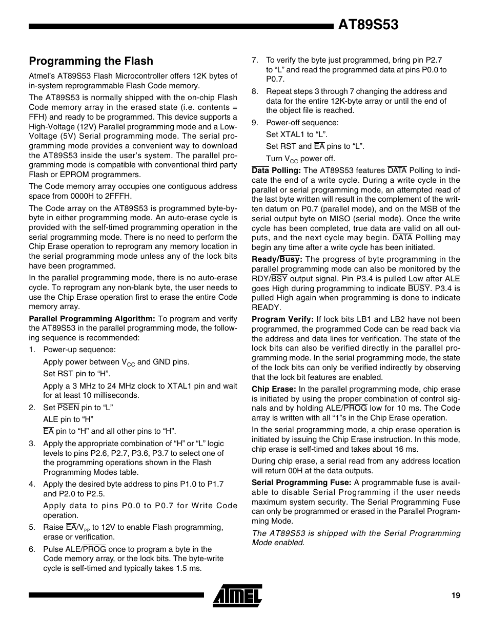 Programming the flash, At89s53 | Rainbow Electronics AT89S53 User Manual | Page 19 / 33