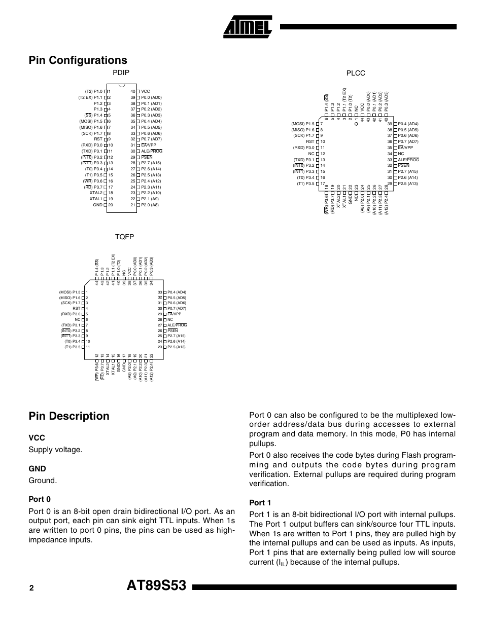 Pin description, Port 0, Port 1 | Pin configurations, At89s53, Because of the internal pullups, Pdip, Plcc, Tqfp | Rainbow Electronics AT89S53 User Manual | Page 2 / 33