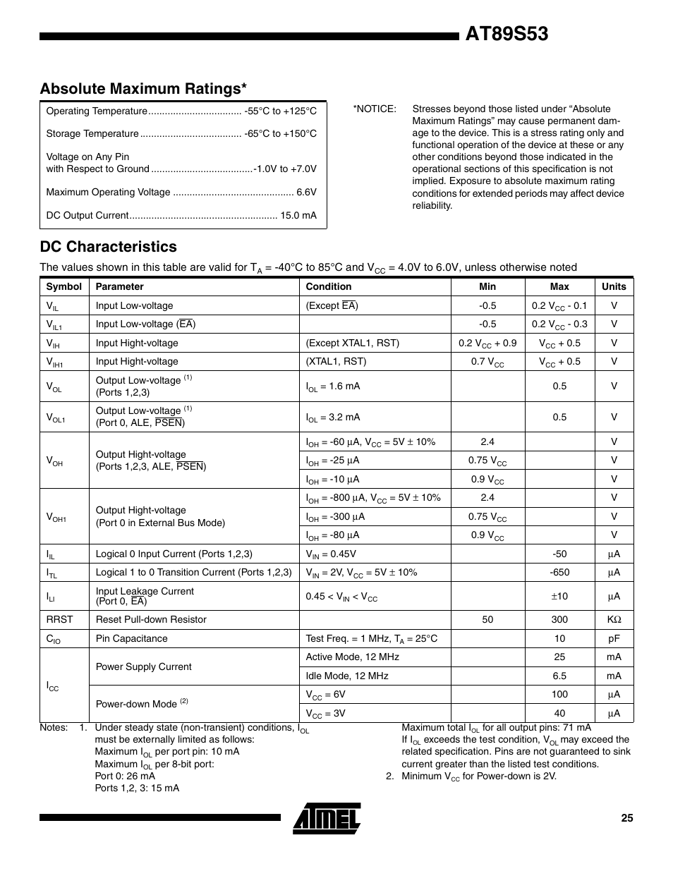 Absolute maximum ratings, Dc characteristics, At89s53 | Rainbow Electronics AT89S53 User Manual | Page 25 / 33