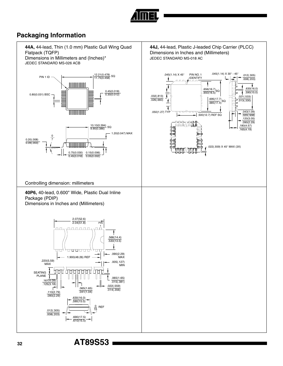 At89s53, Packaging information, Controlling dimension: millimeters | Rainbow Electronics AT89S53 User Manual | Page 32 / 33