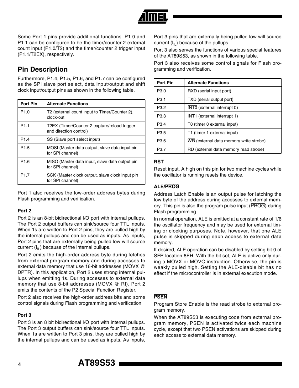 Pin description, Port 2, Port 3 | Ale/prog, Psen, At89s53 | Rainbow Electronics AT89S53 User Manual | Page 4 / 33