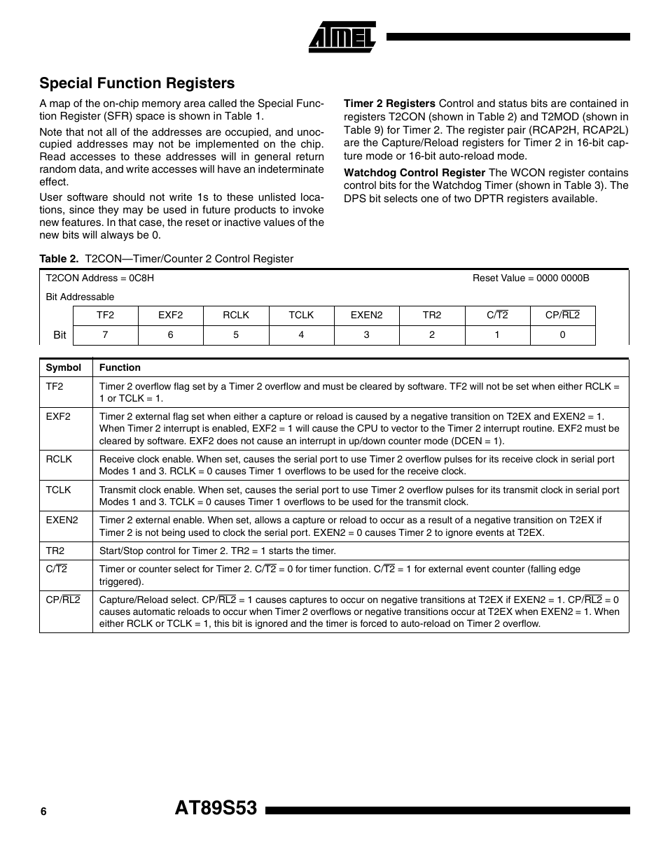 Special function registers, At89s53 | Rainbow Electronics AT89S53 User Manual | Page 6 / 33