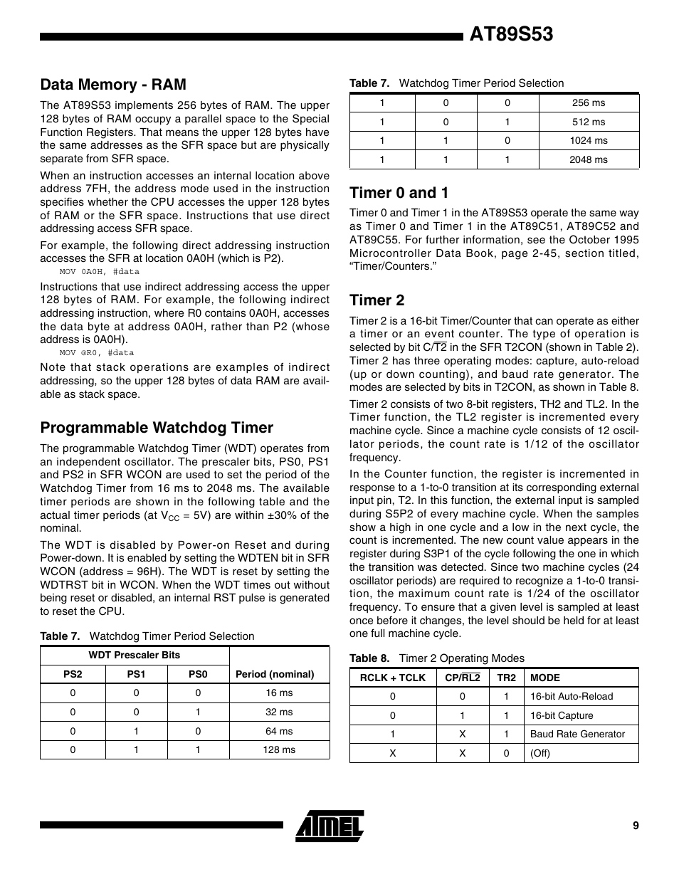 Data memory - ram, Programmable watchdog timer, Timer 0 and 1 | Timer 2, At89s53 | Rainbow Electronics AT89S53 User Manual | Page 9 / 33