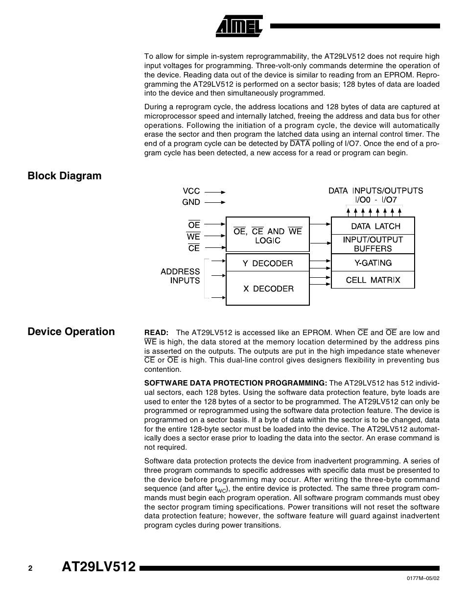 Block diagram, Device operation, Block diagram device operation | Rainbow Electronics AT29LV512 User Manual | Page 2 / 14
