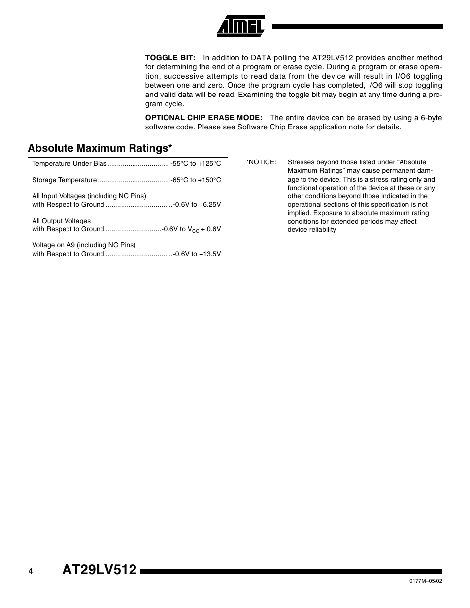 Absolute maximum ratings | Rainbow Electronics AT29LV512 User Manual | Page 4 / 14