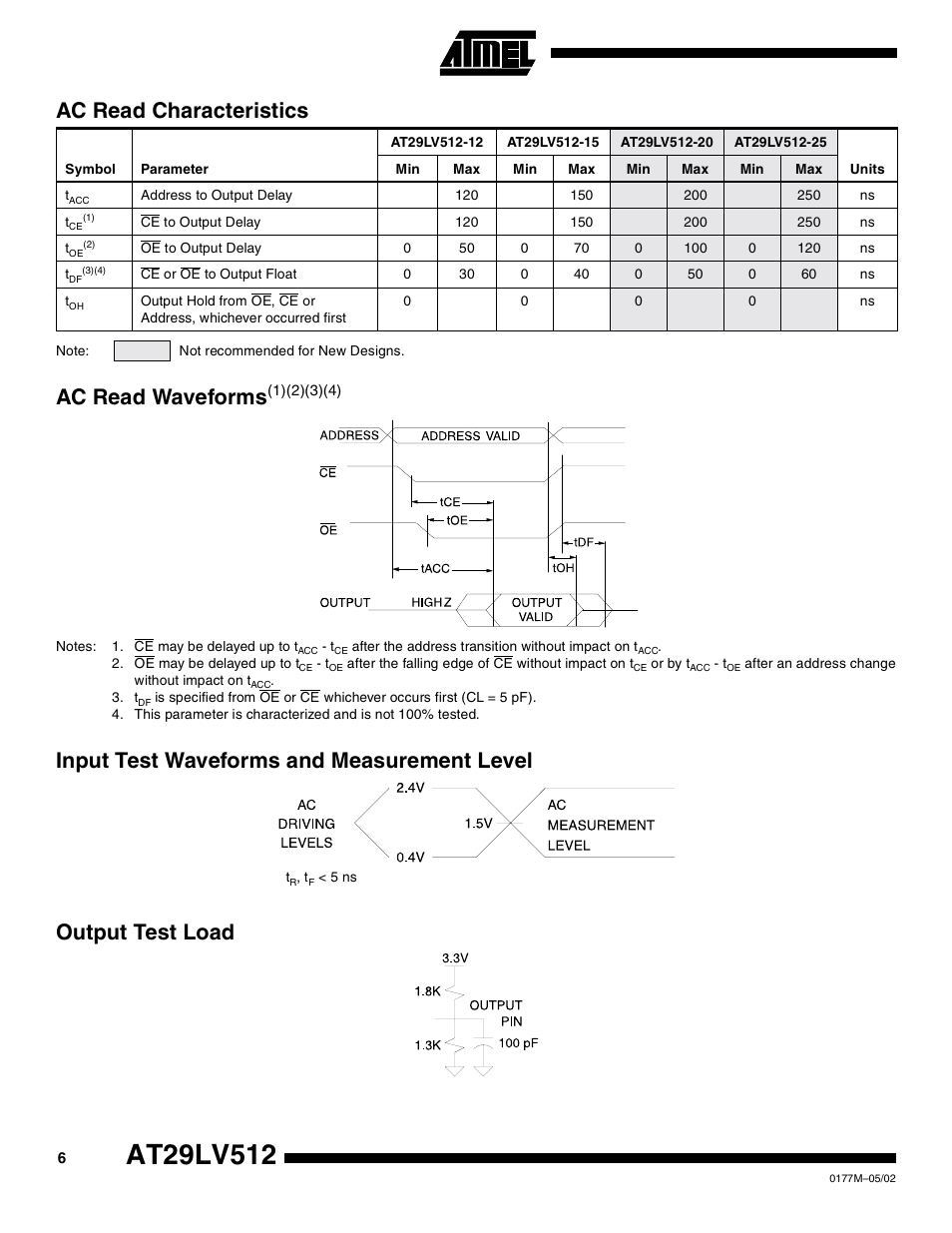Ac read characteristics, Ac read waveforms(1)(2)(3)(4), Input test waveforms and measurement level | Output test load, Ac read waveforms | Rainbow Electronics AT29LV512 User Manual | Page 6 / 14