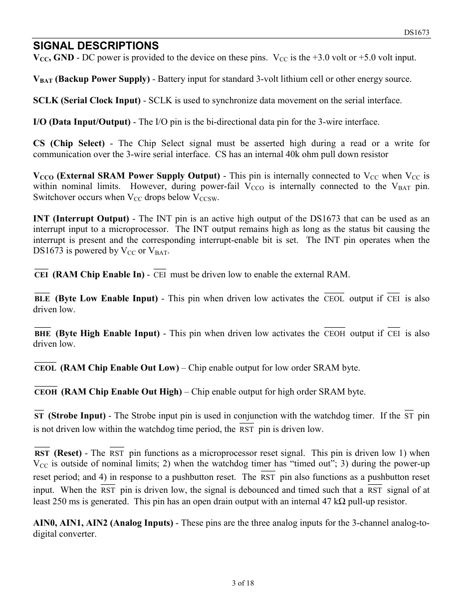 Signal descriptions | Rainbow Electronics DS1673 User Manual | Page 3 / 18
