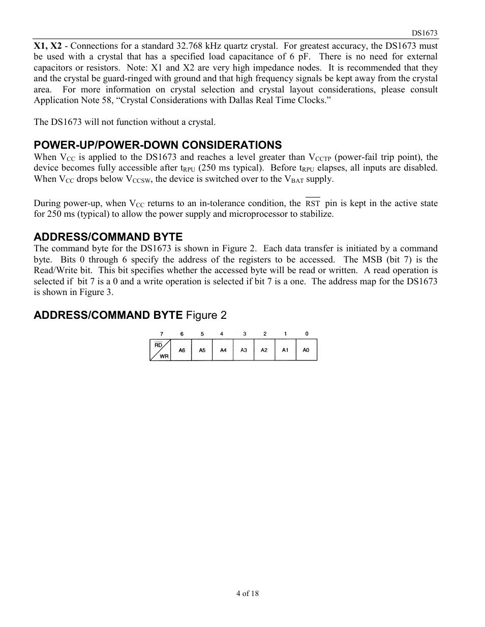 Power-up/power-down considerations, Address/command byte, Address/command byte figure 2 | Rainbow Electronics DS1673 User Manual | Page 4 / 18