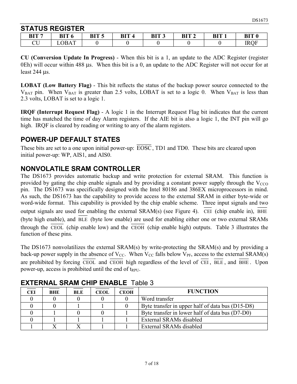 Status register, Power-up default states, Nonvolatile sram controller | External sram chip enable table 3 | Rainbow Electronics DS1673 User Manual | Page 7 / 18