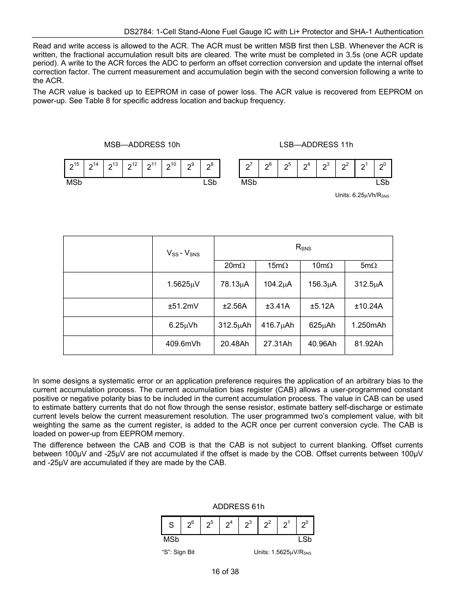 Table 5. resolution and range vs. sense resistor | Rainbow Electronics DS2784 User Manual | Page 16 / 38