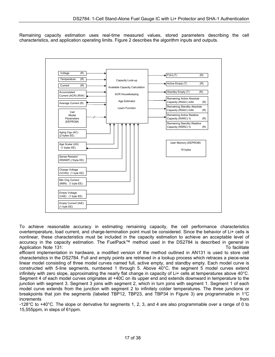 Capacity estimation algorithm, Figure 2. top-level algorithm diagram, Modeling cell characteristics | Rainbow Electronics DS2784 User Manual | Page 17 / 38