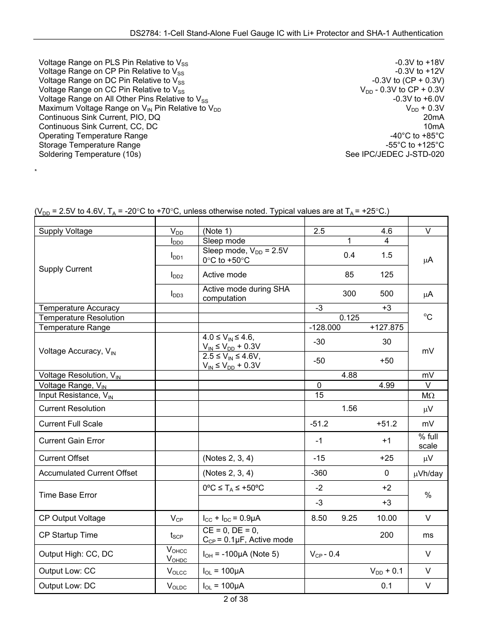 Absolute maximum ratings, Electrical characteristics | Rainbow Electronics DS2784 User Manual | Page 2 / 38