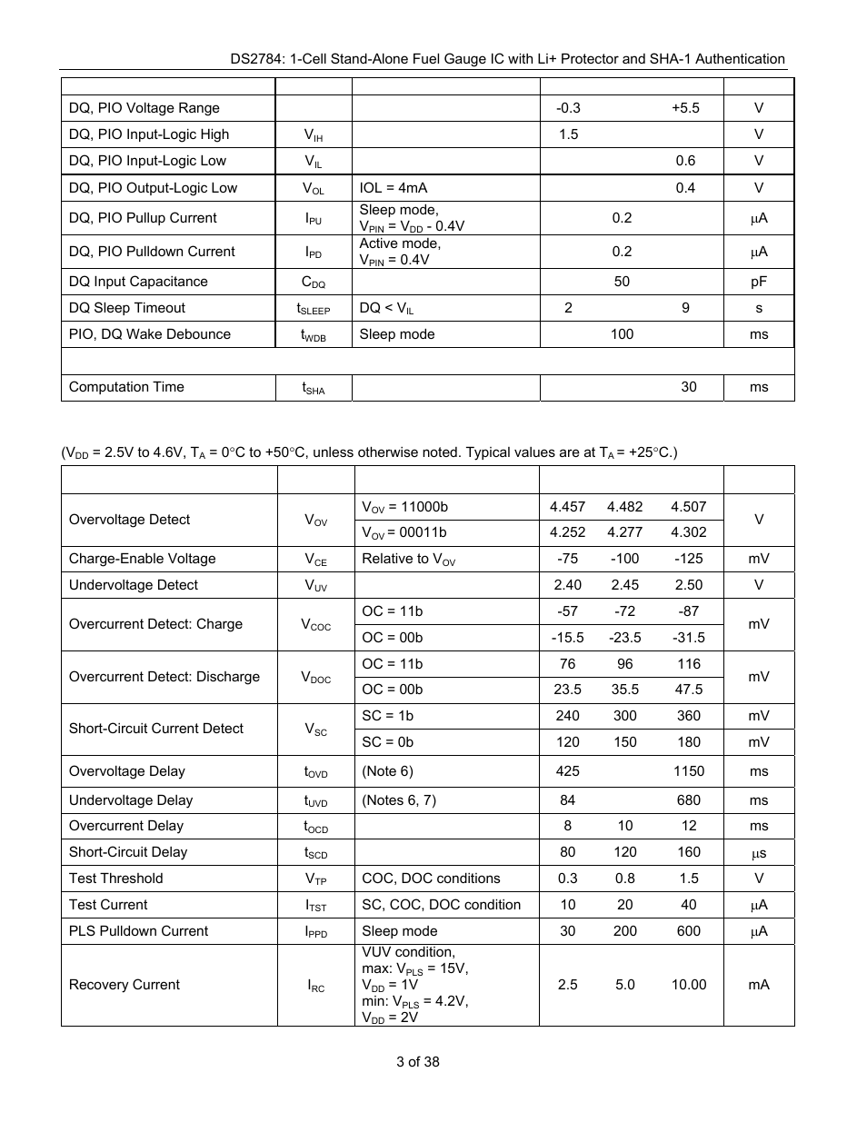 Electrical characteristics: protection circuit | Rainbow Electronics DS2784 User Manual | Page 3 / 38