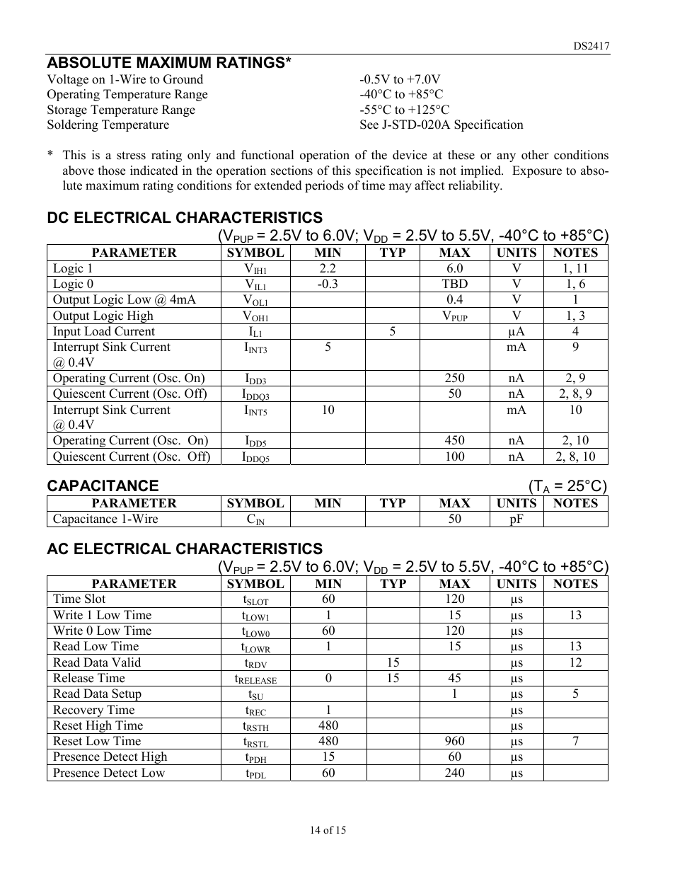 Absolute maximum ratings, Dc electrical characteristics (v, 5v to 6.0v; v | Capacitance (t, 25°c), Ac electrical characteristics (v | Rainbow Electronics DS2417 User Manual | Page 14 / 15