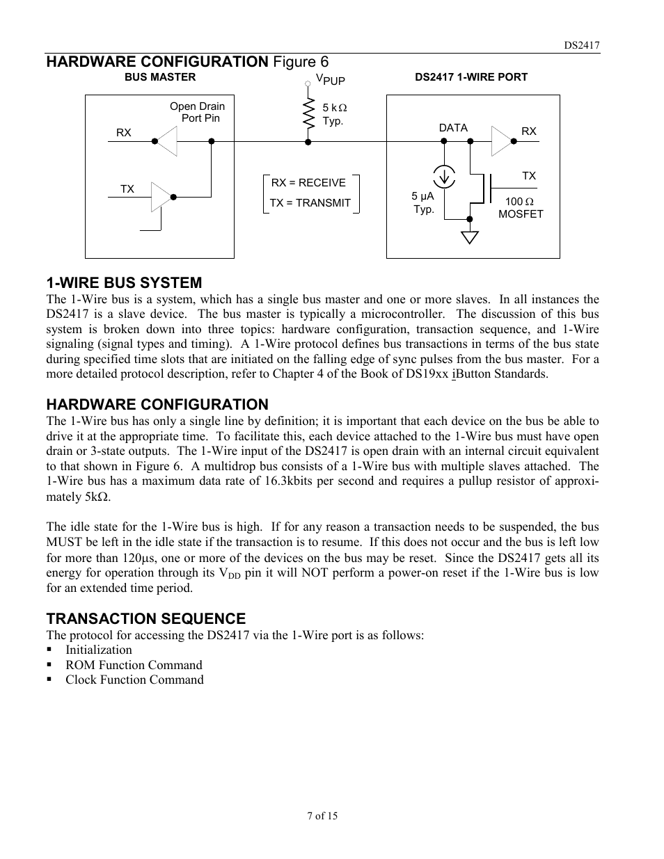 Hardware configuration figure 6, Wire bus system, Hardware configuration | Transaction sequence | Rainbow Electronics DS2417 User Manual | Page 7 / 15