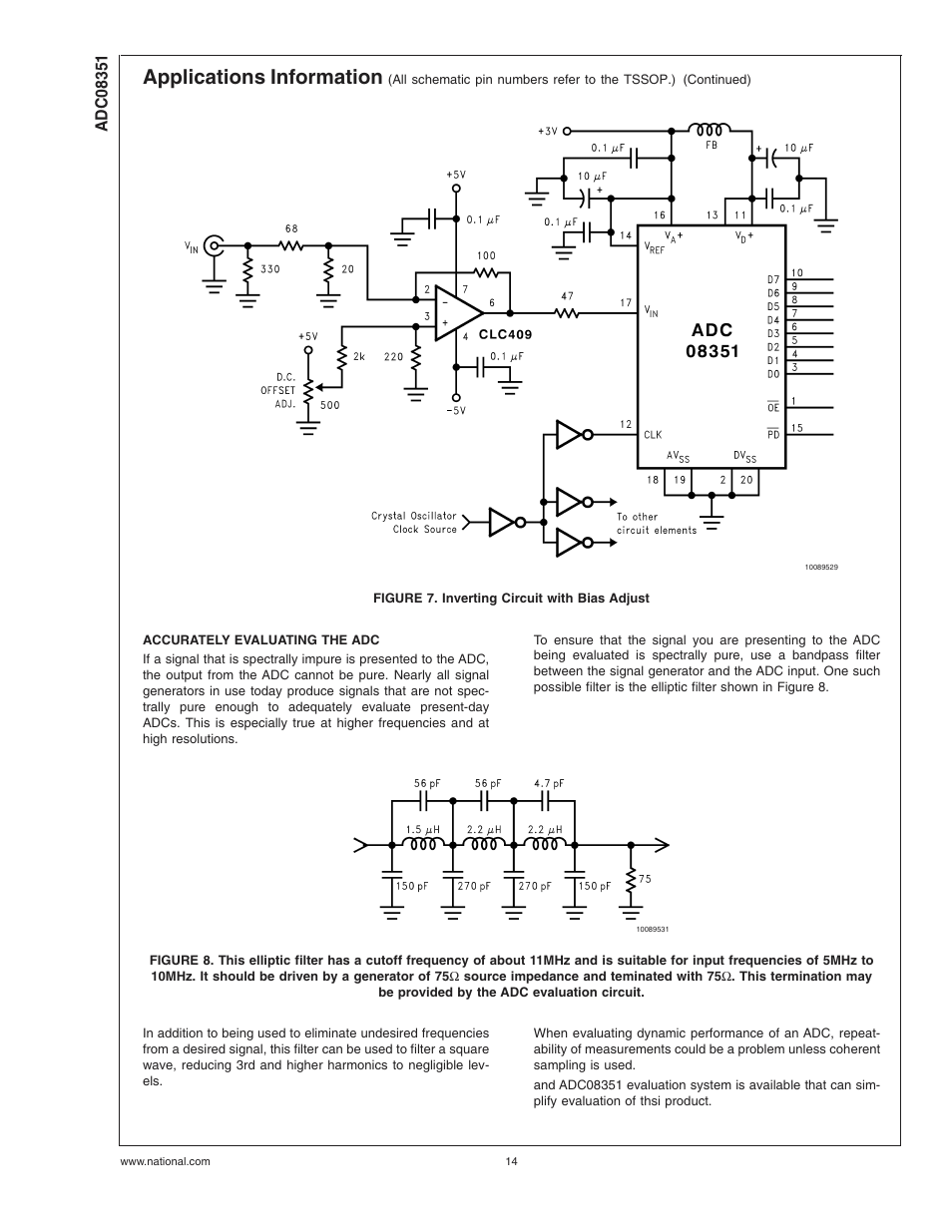 Figure 7. inverting circuit with bias adjust, Accurately evaluating the adc, Figure 7 | Applications information | Rainbow Electronics ADC08351 User Manual | Page 14 / 17