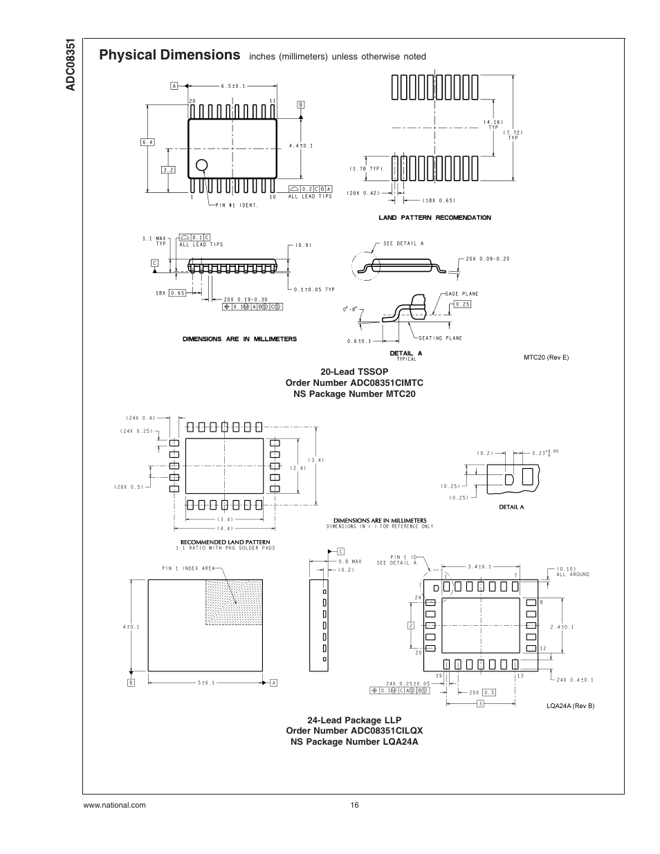 Physical dimensions | Rainbow Electronics ADC08351 User Manual | Page 16 / 17