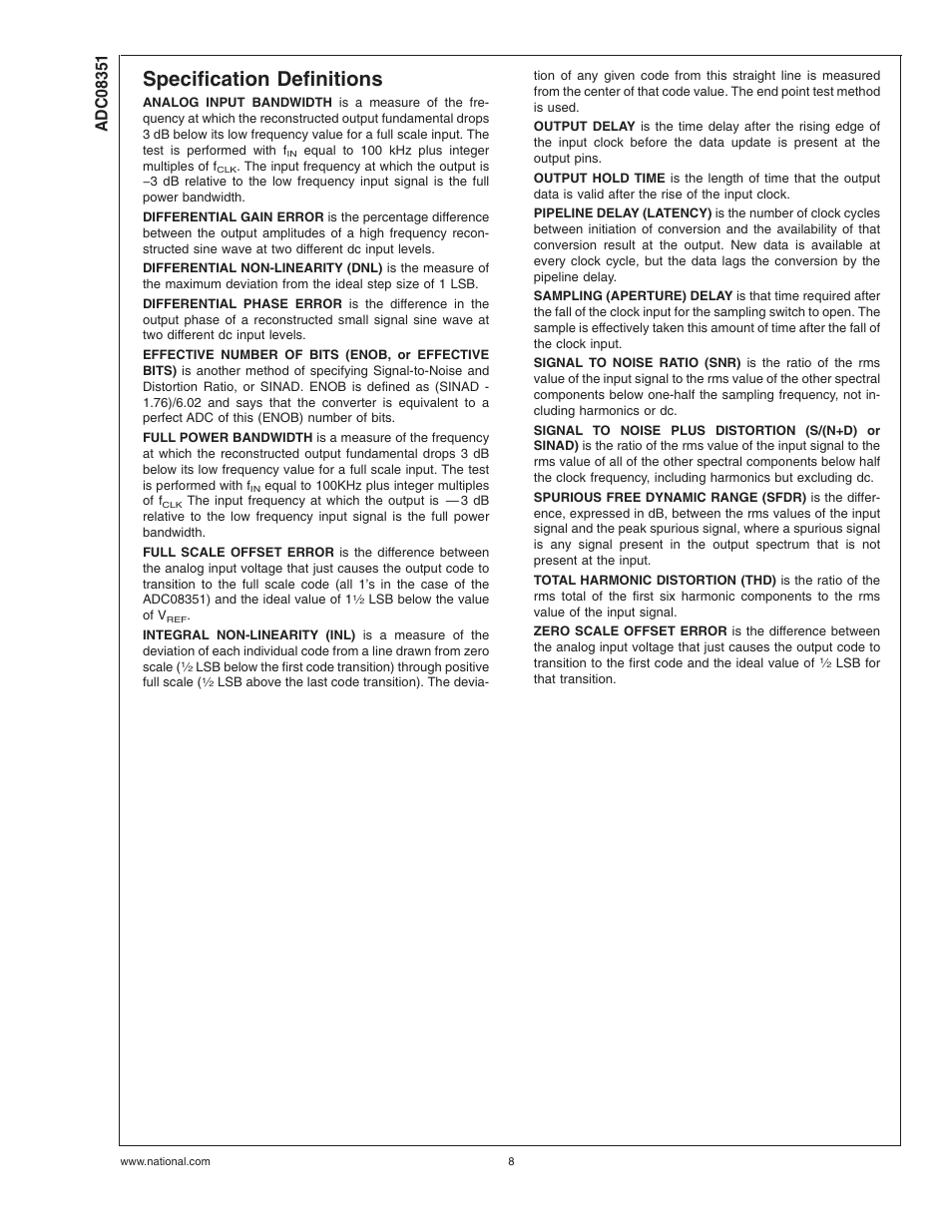 Specification definitions | Rainbow Electronics ADC08351 User Manual | Page 8 / 17