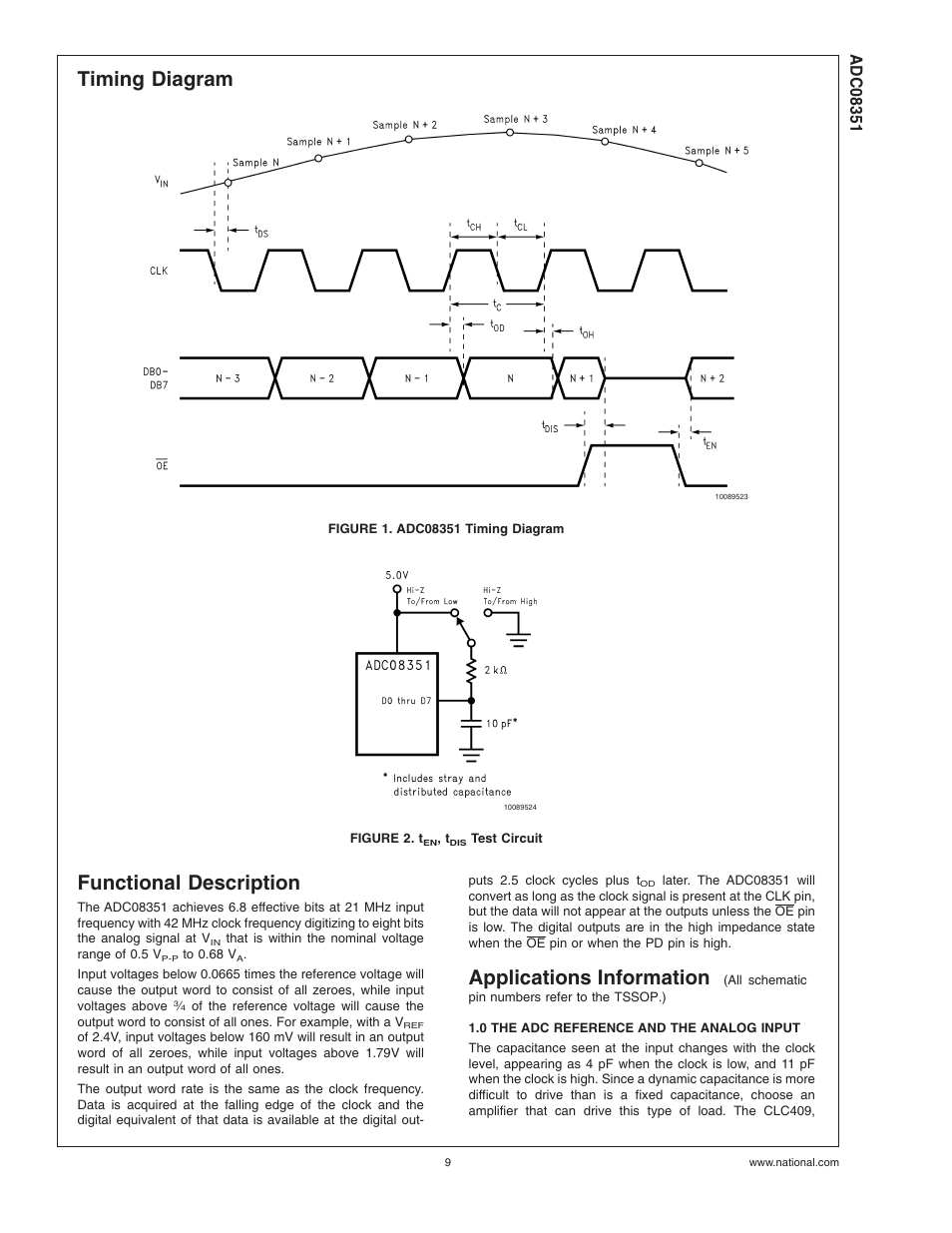 Timing diagram, Figure 1. adc08351 timing diagram, Figure 2. ten, tdis test circuit | Functional description, Applications information, 0 the adc reference and the analog input, Figure 2, Timing diagram functional description | Rainbow Electronics ADC08351 User Manual | Page 9 / 17