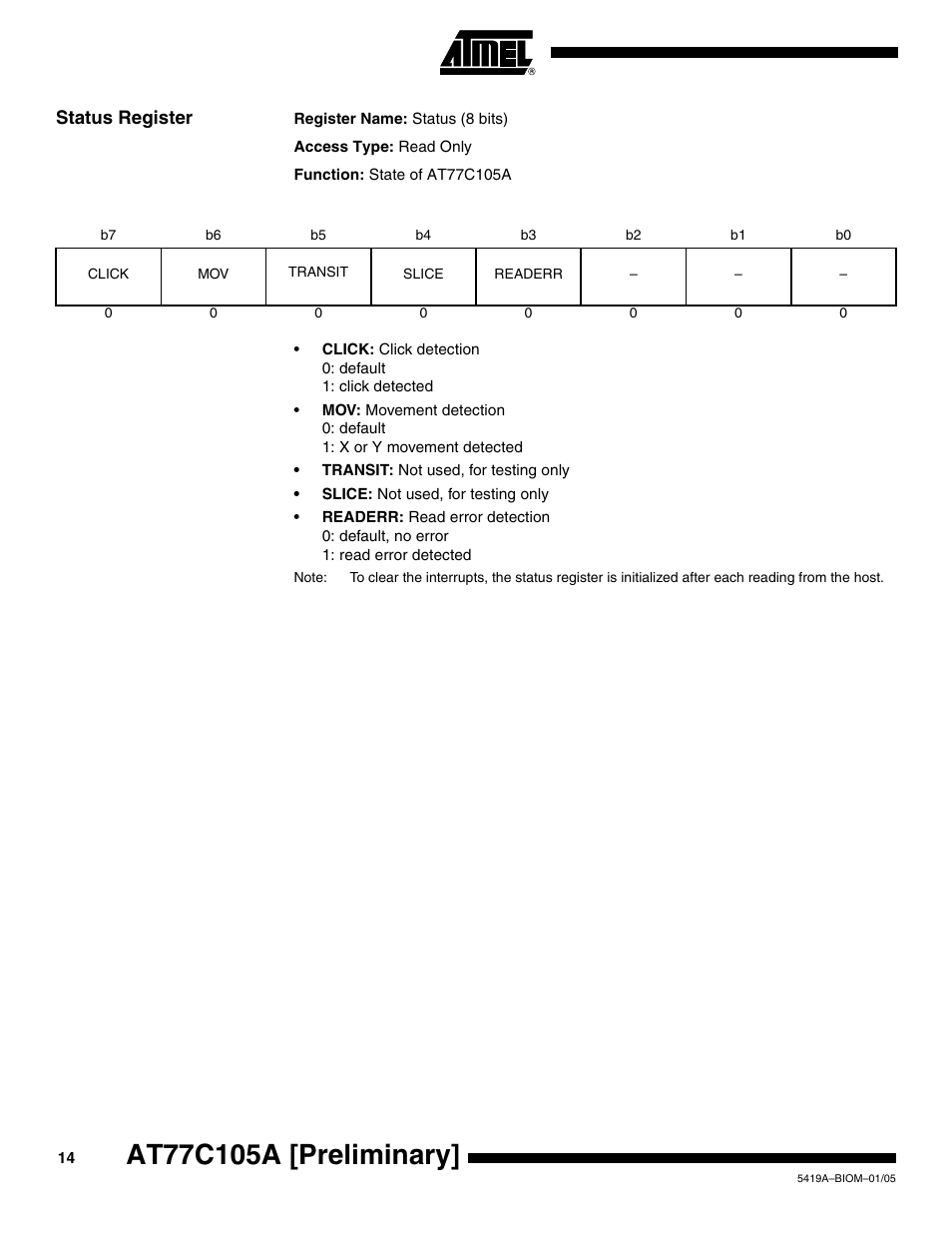 Status register | Rainbow Electronics AT77C105A User Manual | Page 14 / 39