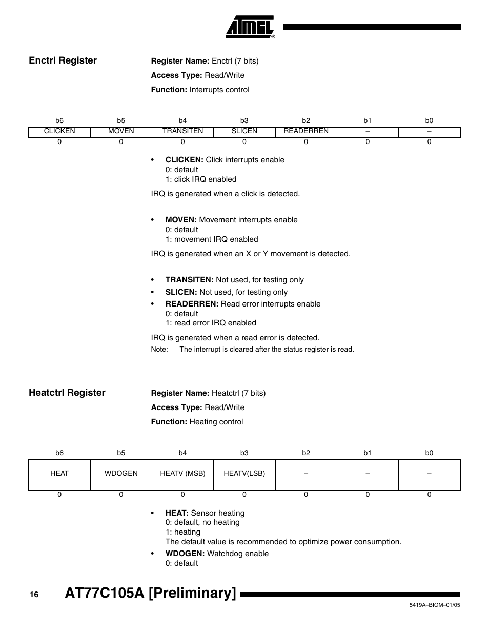 Enctrl register, Heatctrl register | Rainbow Electronics AT77C105A User Manual | Page 16 / 39