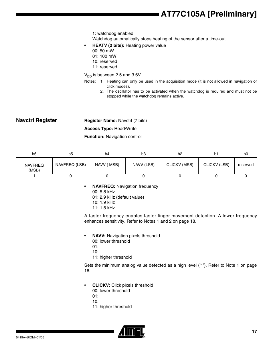 Navctrl register | Rainbow Electronics AT77C105A User Manual | Page 17 / 39
