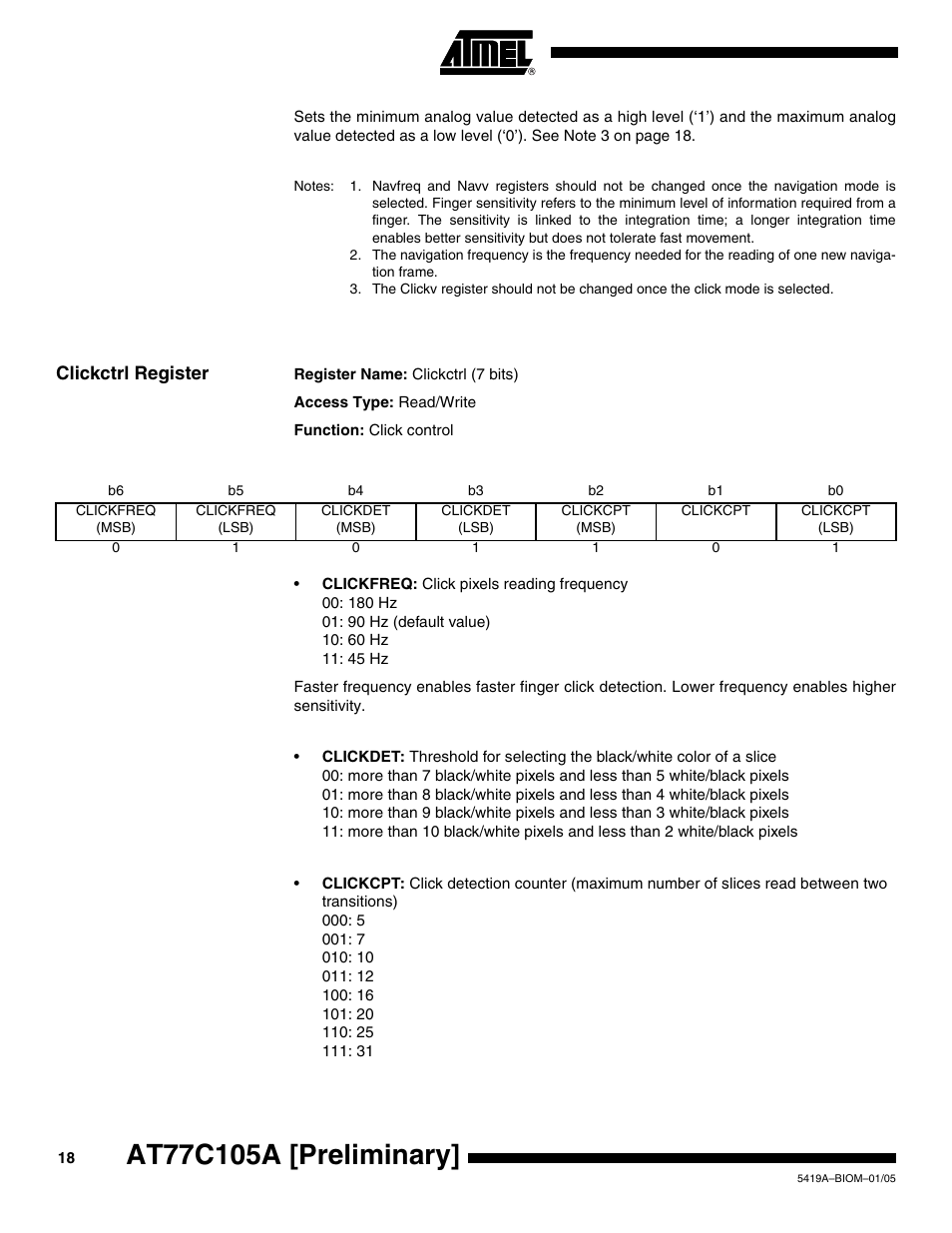 Clickctrl register | Rainbow Electronics AT77C105A User Manual | Page 18 / 39