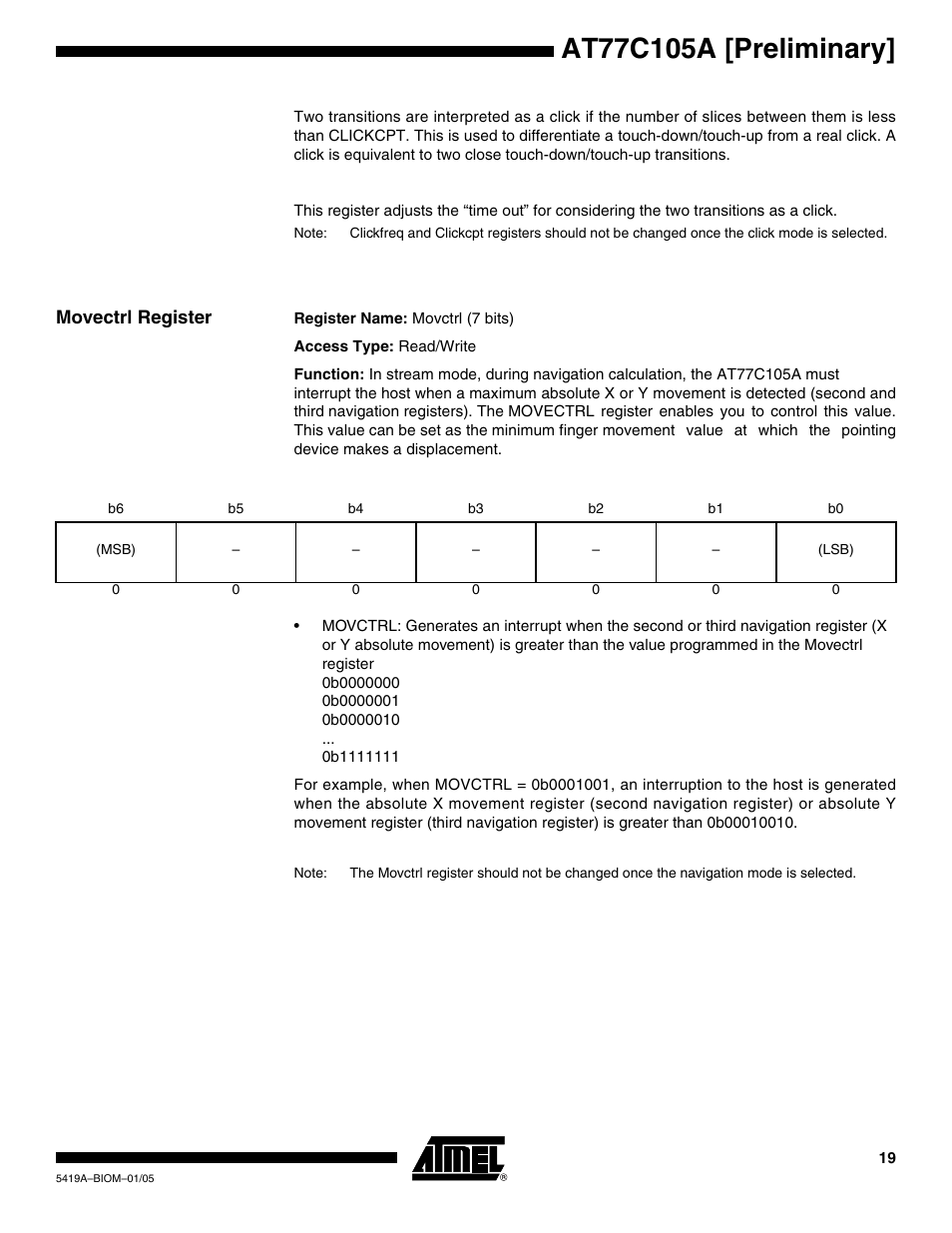 Movectrl register | Rainbow Electronics AT77C105A User Manual | Page 19 / 39