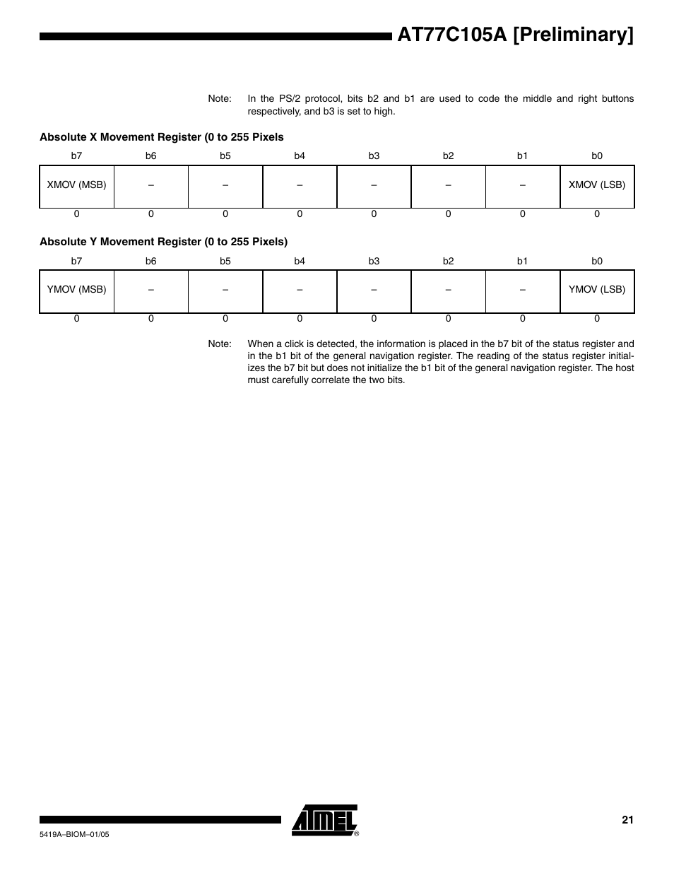 Absolute x movement register (0 to 255 pixels), Absolute y movement register (0 to 255 pixels) | Rainbow Electronics AT77C105A User Manual | Page 21 / 39