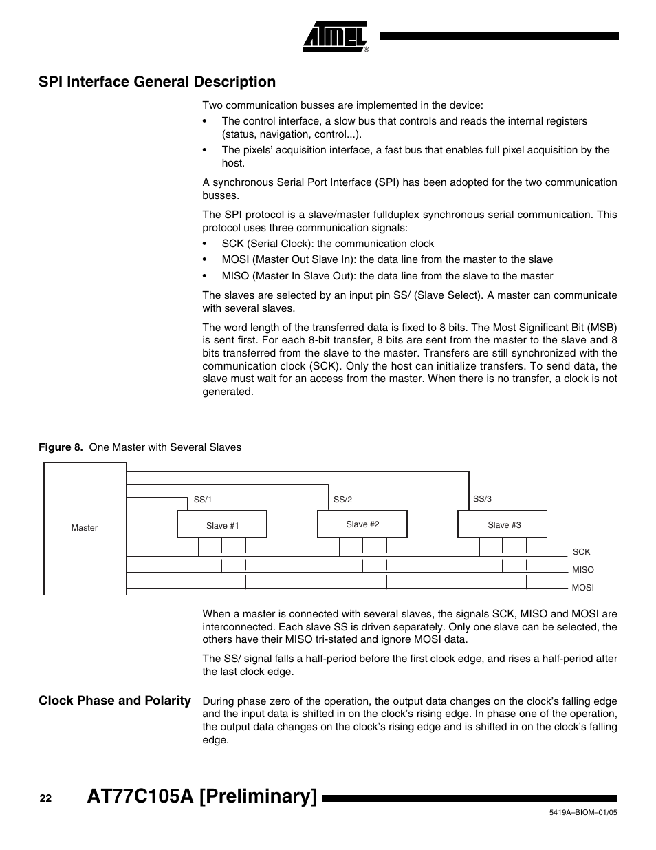 Spi interface general description, Clock phase and polarity | Rainbow Electronics AT77C105A User Manual | Page 22 / 39